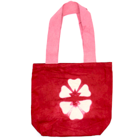 Naturlig Bomullskasse med Batik - 38x42x12cm - Röd med Blomma - Rosa Handtag