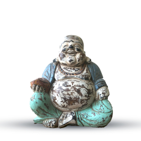 Vintage Handsnidad Buddhastaty i Blå & Mintgrön - 30cm - Glad Buddha