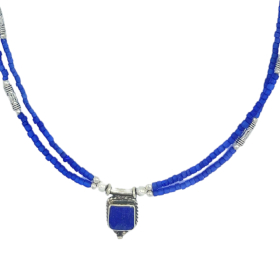 Nepalesiskt Extra Fint Tvåradigt Halsband - Hänge med Blå Onyx & Lapis